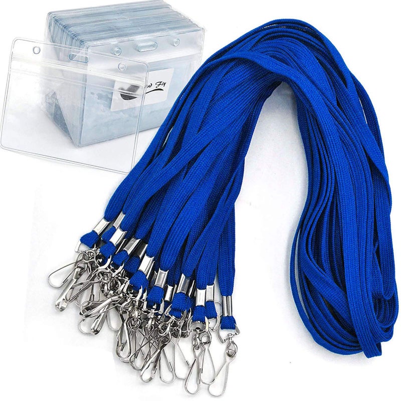 Bird Fiy Name Tags Blue Lanyards/Badge Holder Pairs Woven Round Lanyard & Horizontal Sealable Waterproof Clear Plastic ID Card Lanyards with id Holder Name Badges (Blue, 50 Pack) - Image 1